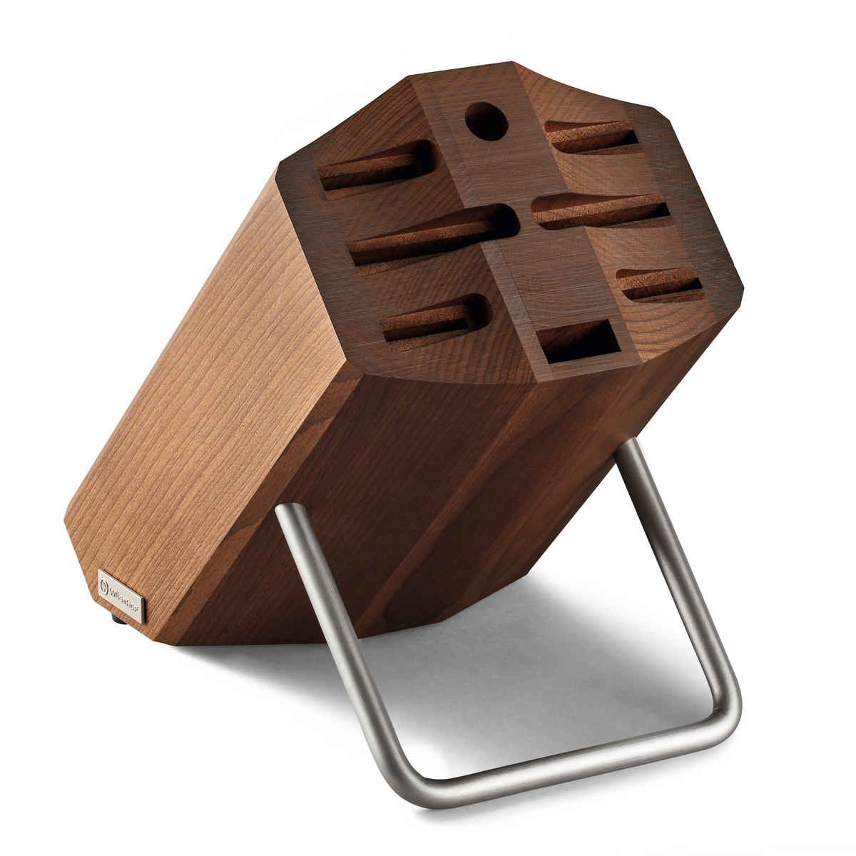 8-Slot Heat Treated Beech Knife Block with angled design and stainless steel handle for organized, safe storage of kitchen knives and utensils.