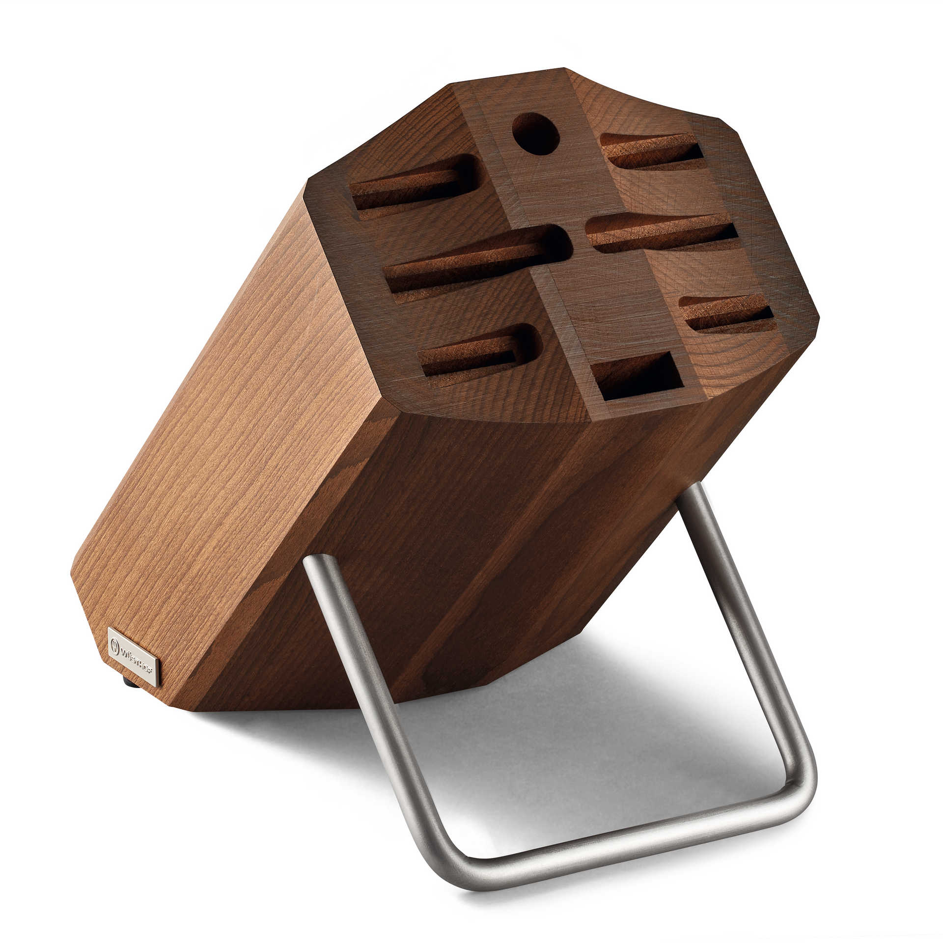 8-Slot Heat Treated Beech Knife Block with angled design and stainless steel handle for organized, safe storage of kitchen knives and utensils.
