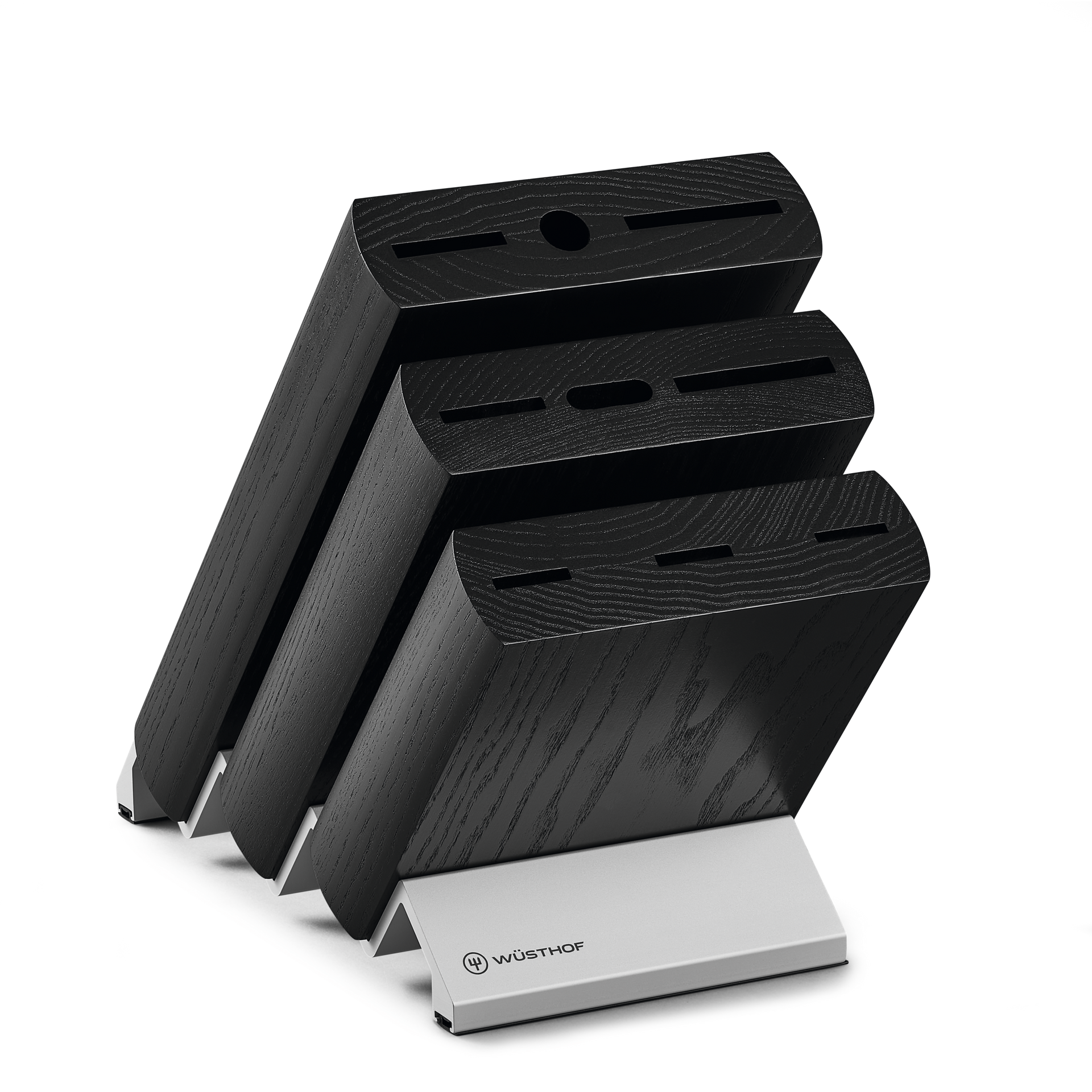 9-Slot Black Knife Block featuring a sleek black wood grain finish with angled slots and a metal base engraved with the WÜSTHOF logo for organizing forged kitchen knives.