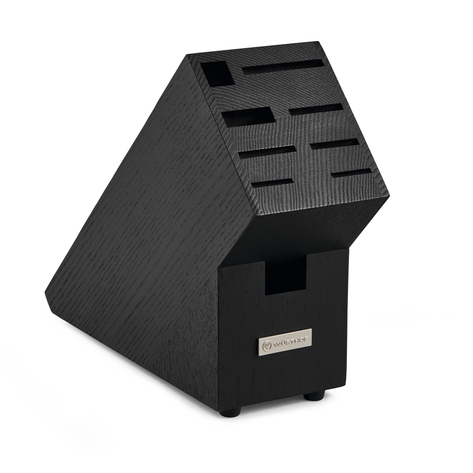9-Slot European Knife Block crafted from dark wood with angled compartments and a metal logo plate designed to organize wusthof forged kitchen knives.