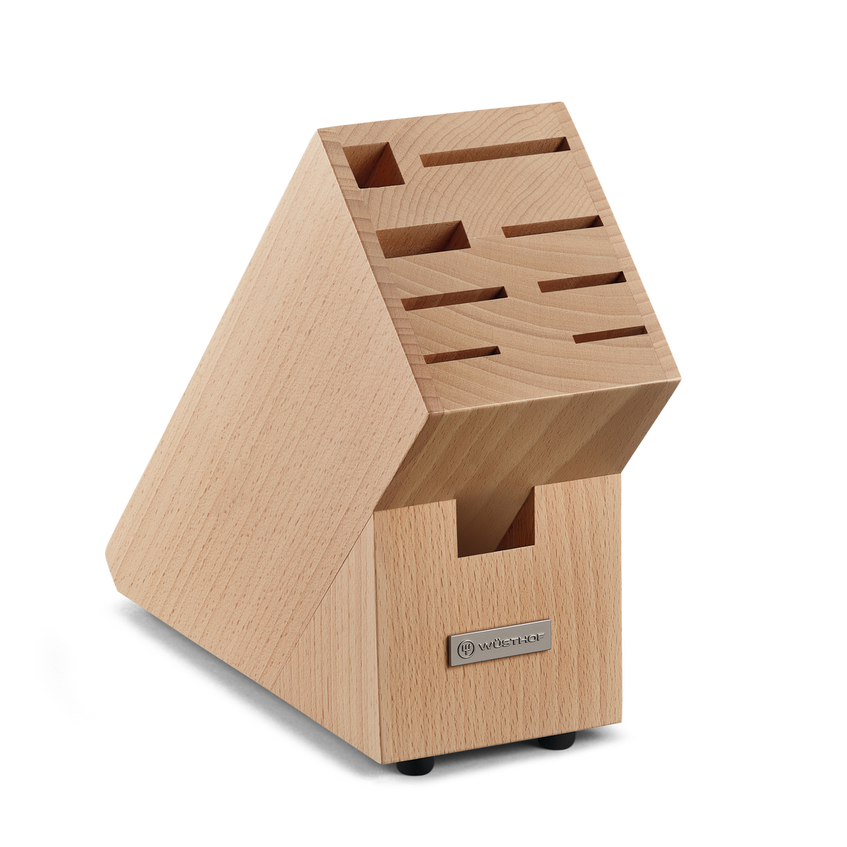 9-Slot European Knife Block made from natural wood with angled slots to hold and organize forged kitchen knives securely on a countertop.
