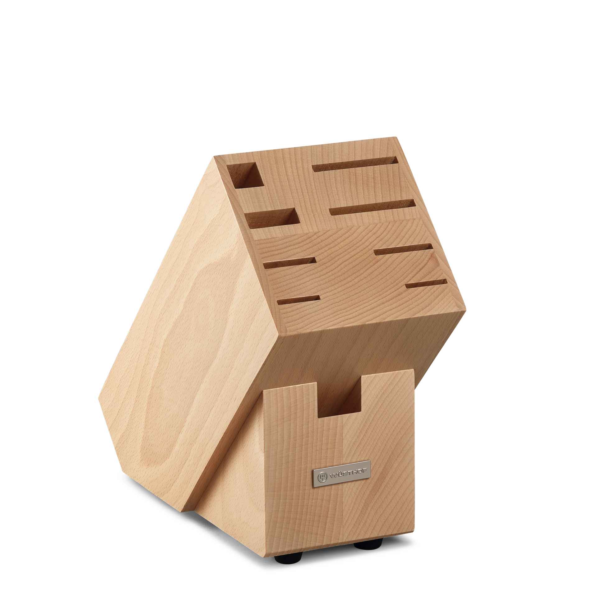 9-Slot Knife Block crafted from light natural wood with angled compartments and a metal WÜSTHOF logo plate for organizing forged kitchen knives.