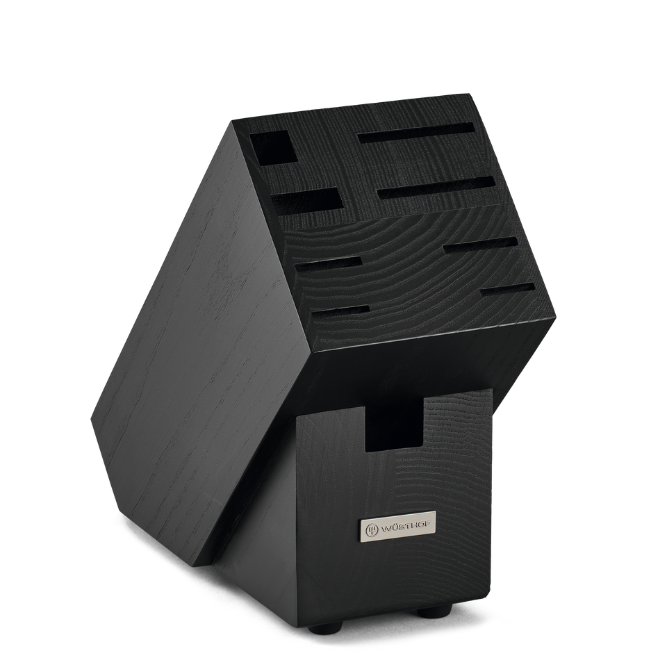 9-Slot Knife Block in black wood with variously sized angled slots and a metal WÜSTHOF logo plate for storing forged German kitchen knives.