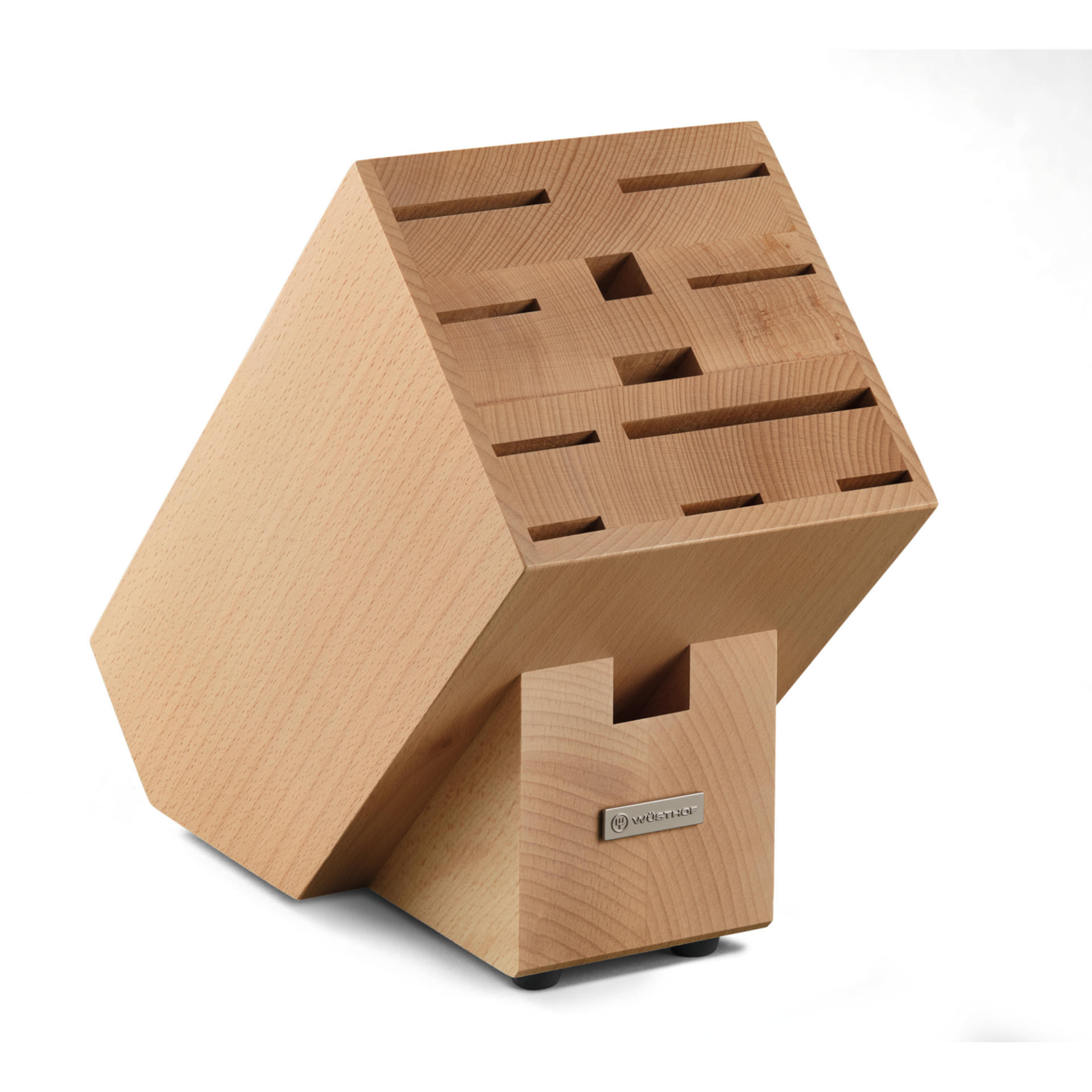 12-Slot European Knife Block made from light natural wood with angled slots designed to securely hold and organize forged kitchen knives.