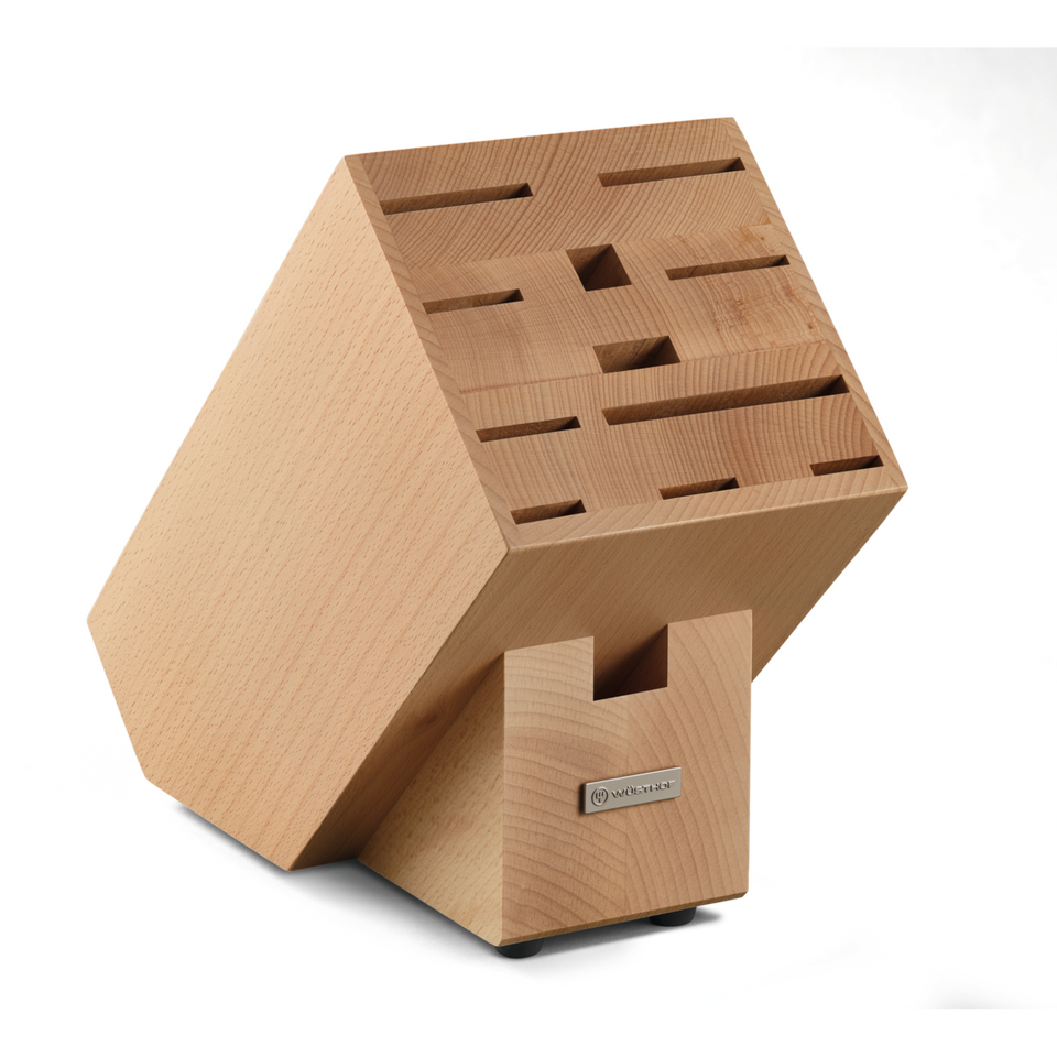 12-Slot European Knife Block made from light natural wood with angled slots designed to securely hold and organize forged kitchen knives.