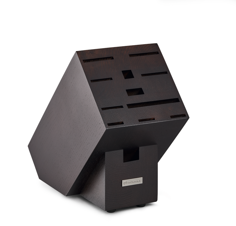 12-Slot European Knife Block in dark stained wood with angled slots designed to securely organize and store forged kitchen knives.