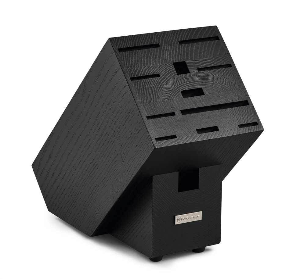 12-Slot European Knife Block in dark wood with angled slots designed to securely organize and store a variety of forged kitchen knives.