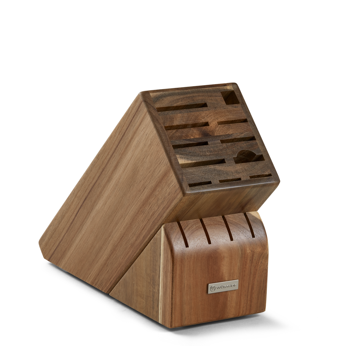 15-Slot Acacia Knife Block crafted from rich acacia wood with multiple angled slots designed for organizing a variety of kitchen knives securely.