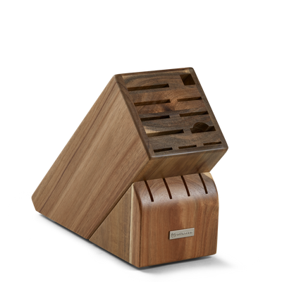 15-Slot Acacia Knife Block crafted from rich acacia wood with multiple angled slots designed for organizing a variety of kitchen knives securely.