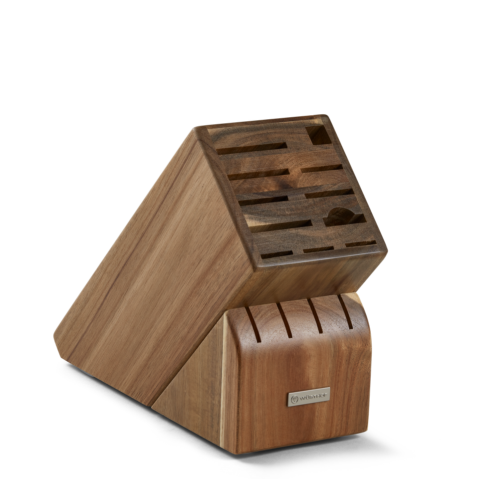 15-Slot Acacia Knife Block crafted from rich acacia wood with multiple angled slots designed for organizing a variety of kitchen knives securely.