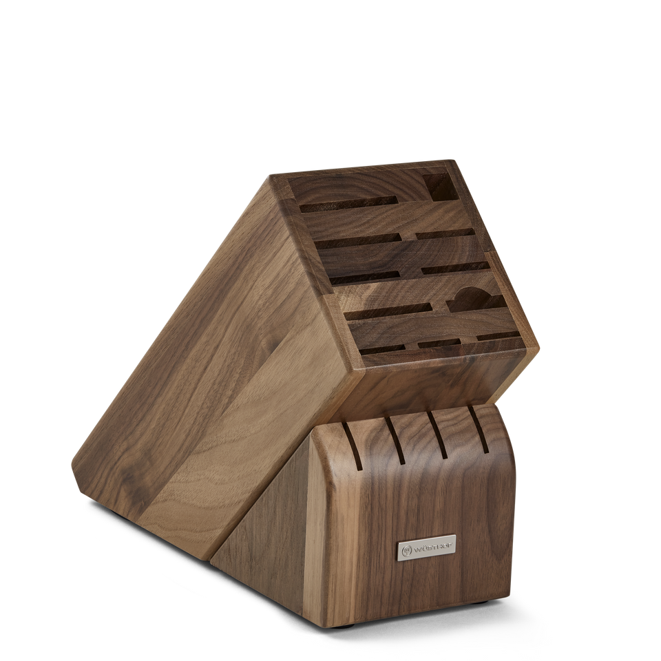 15-Slot Walnut Knife Block crafted from rich walnut wood with angled slots designed to organize and securely hold a variety of kitchen knives.