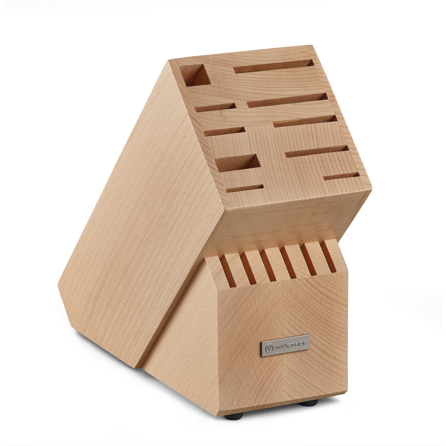 16-Slot European Knife Block made from light-colored wood with variously sized slots for organized storage of multiple kitchen knives and accessories.