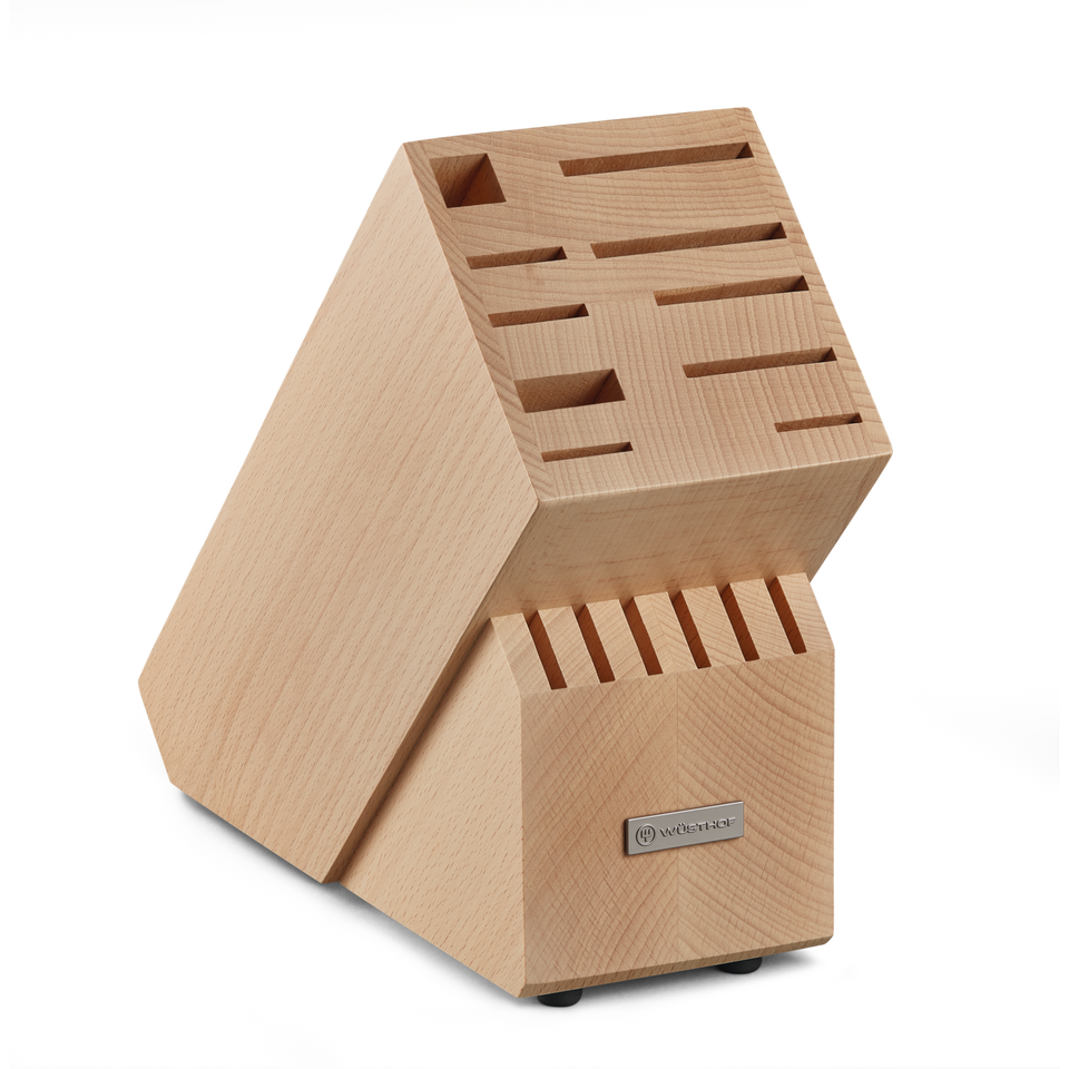 16-Slot European Knife Block made from light-colored wood with variously sized slots for organized storage of multiple kitchen knives and accessories.