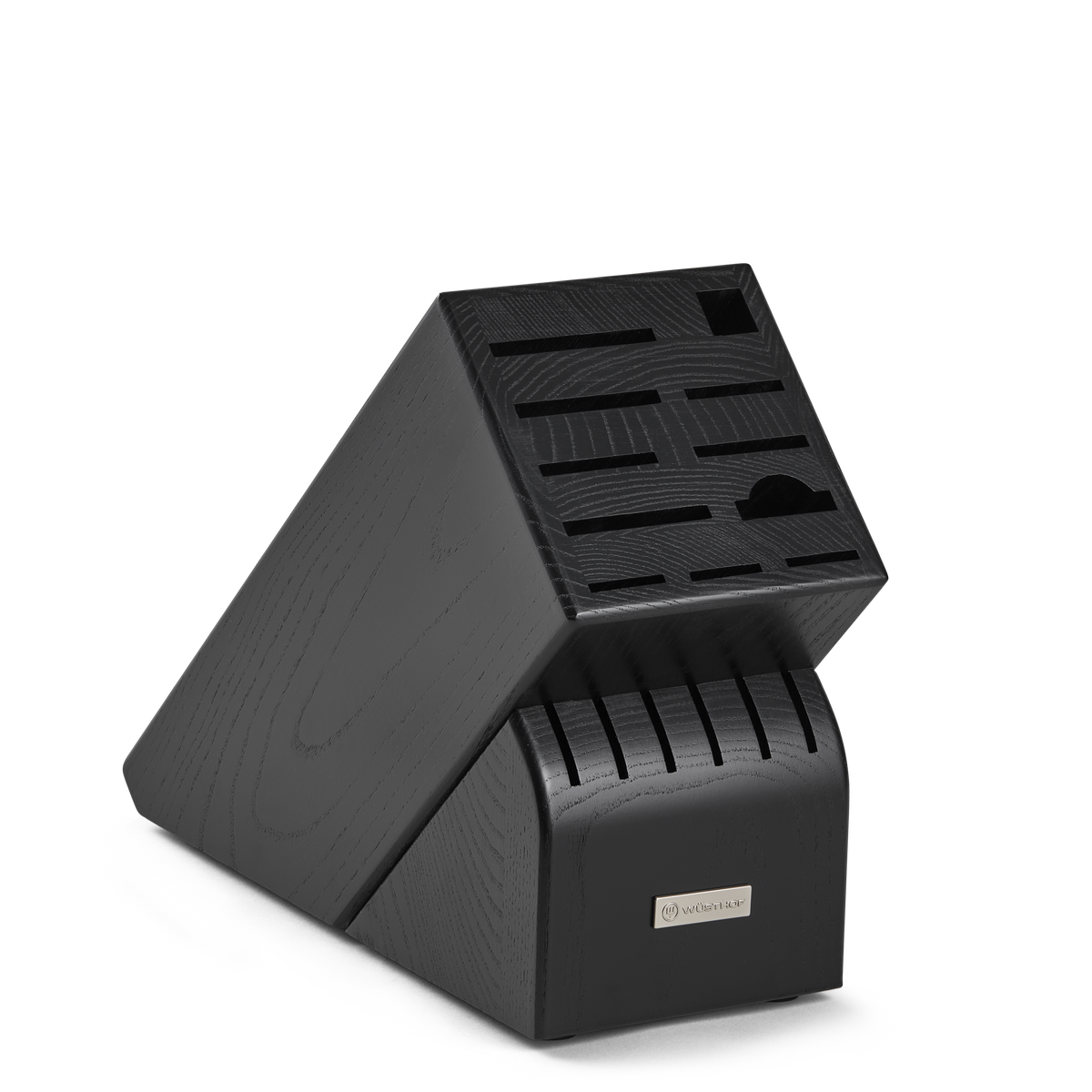 17-Slot Black Knife Block featuring a sleek angled design with multiple compartments to securely organize and store a variety of kitchen knives.