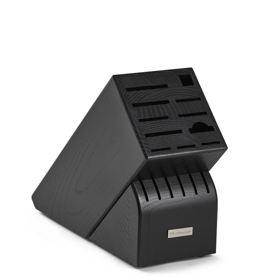 17-Slot Black Knife Block featuring a sleek angled design with multiple compartments to securely organize and store a variety of kitchen knives.