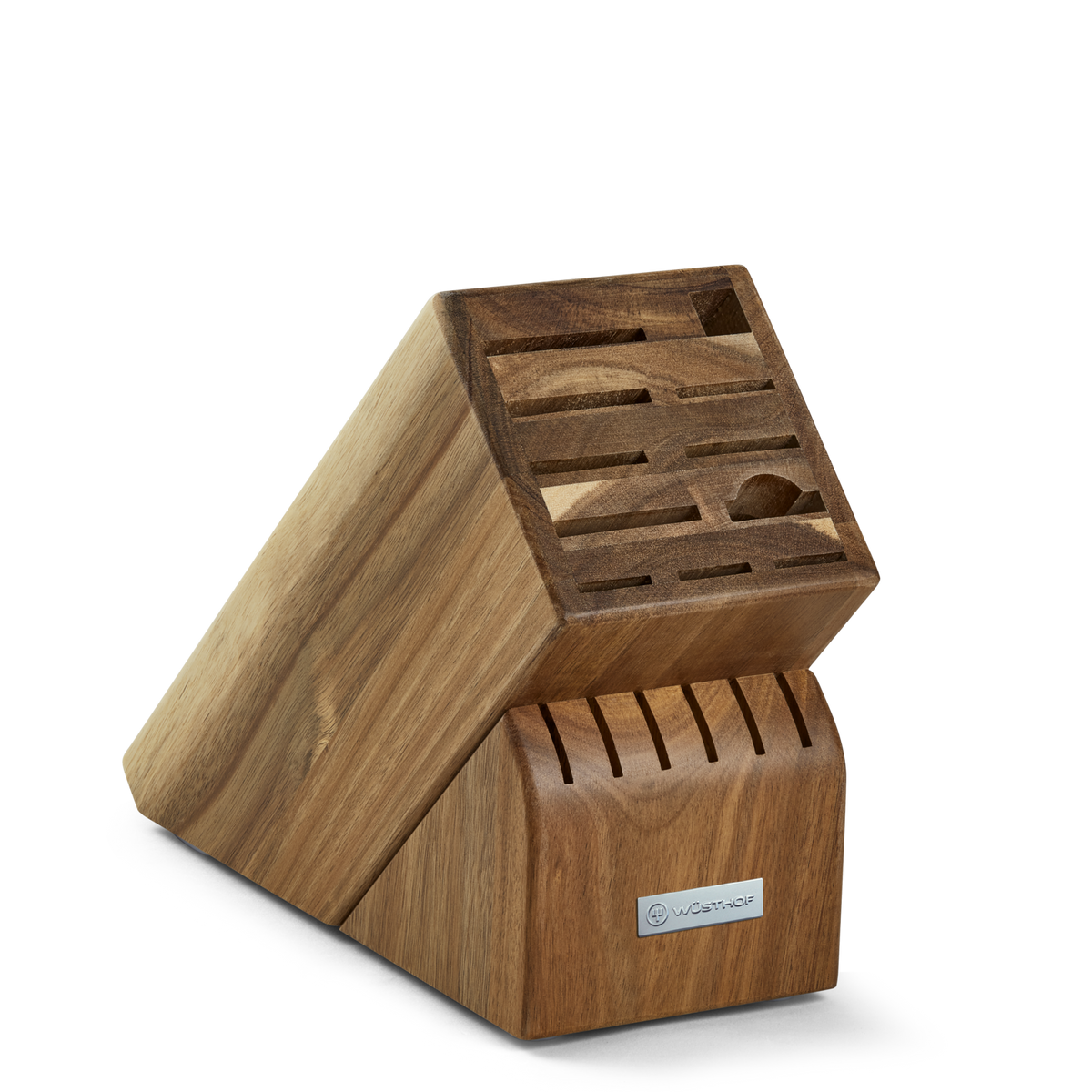 17-Slot Acacia Knife Block crafted from rich acacia wood with angled compartments designed to securely organize a variety of WÜSTHOF kitchen and forged German knives.