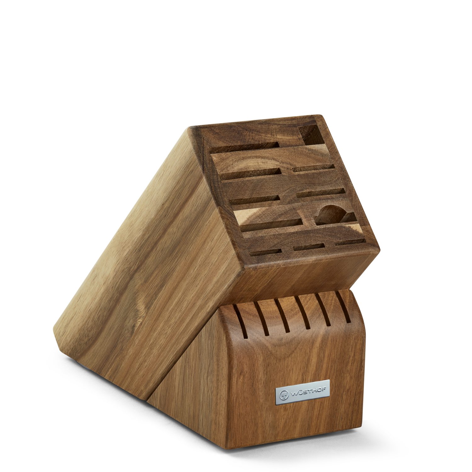 17-Slot Acacia Knife Block crafted from rich acacia wood with angled compartments designed to securely organize a variety of WÜSTHOF kitchen and forged German knives.