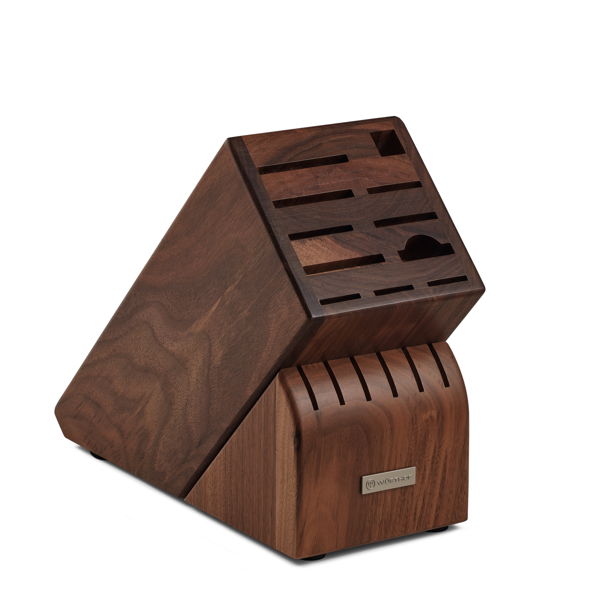 17-Slot Walnut Knife Block made from rich walnut wood with angled compartments designed to organize and securely hold WÜSTHOF forged German knives.