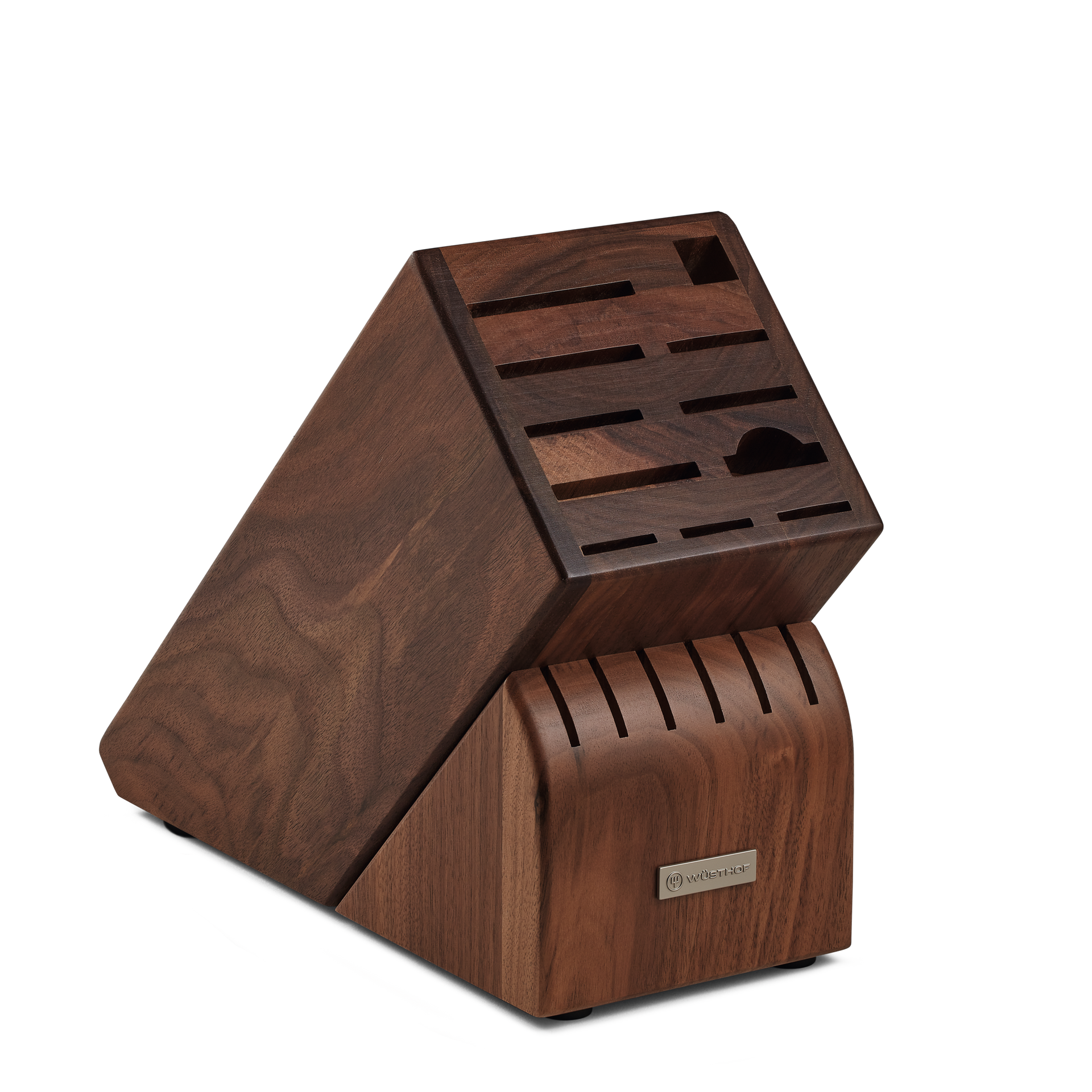 17-Slot Walnut Knife Block made from rich walnut wood with angled compartments designed to organize and securely hold WÜSTHOF forged German knives.