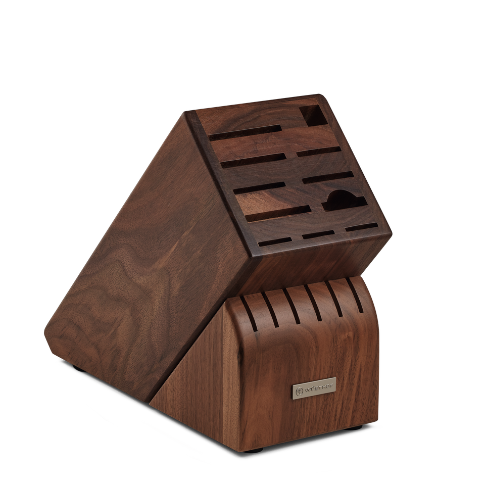 17-Slot Walnut Knife Block made from rich walnut wood with angled compartments designed to organize and securely hold WÜSTHOF forged German knives.