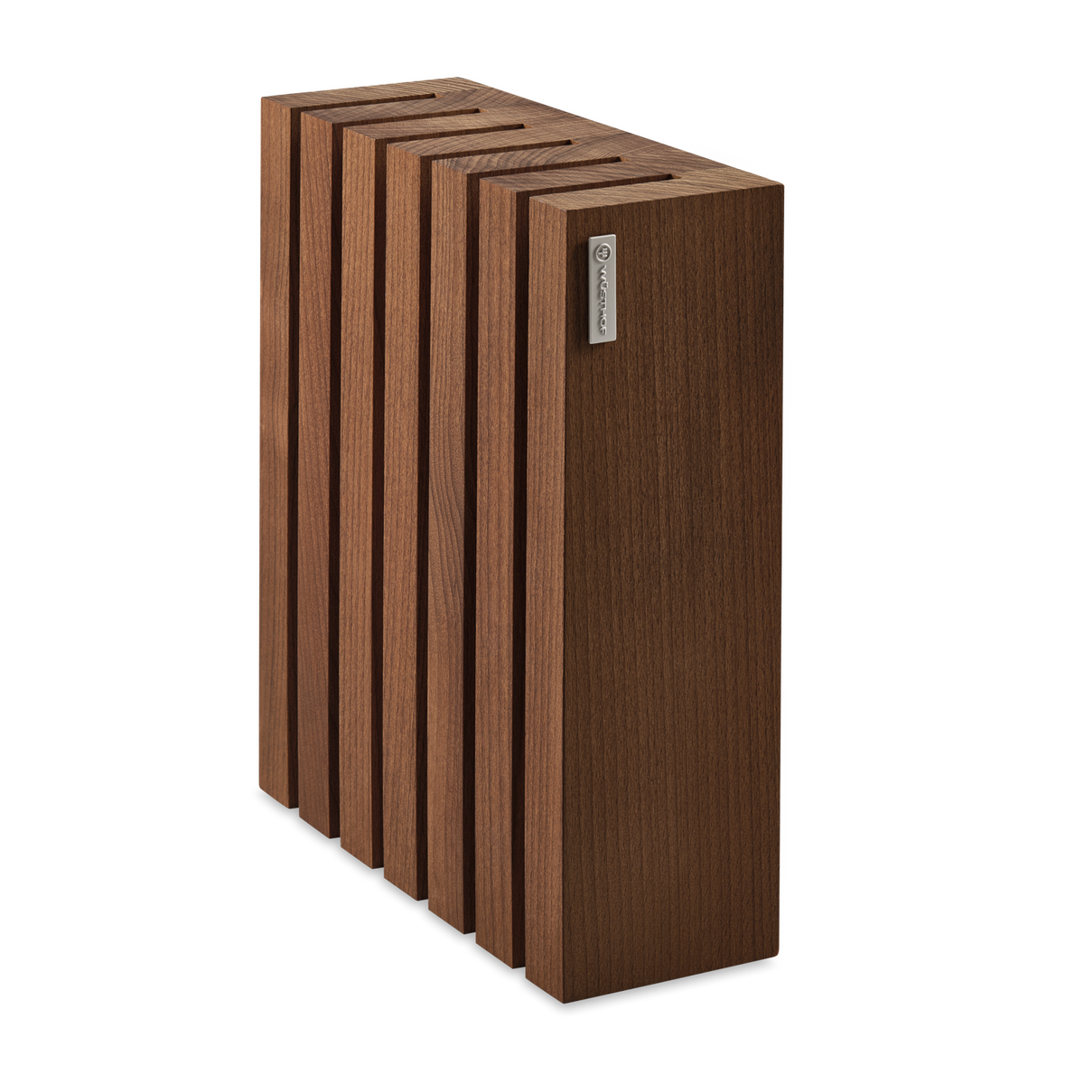 Magnetic 6-Slot Knife Block made of rich wood with evenly spaced vertical slits designed for secure and organized storage of kitchen knives.
