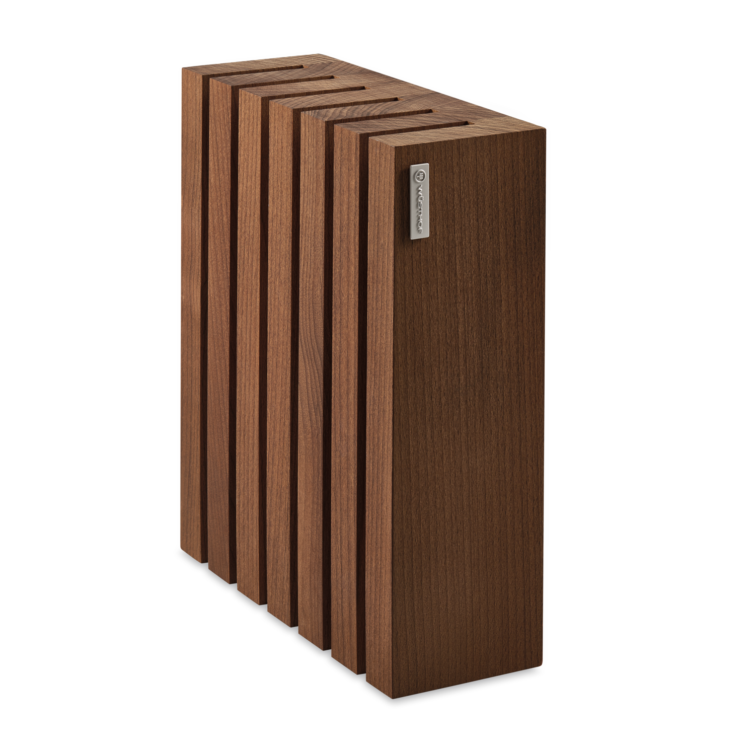 Magnetic 6-Slot Knife Block made of rich wood with evenly spaced vertical slits designed for secure and organized storage of kitchen knives.