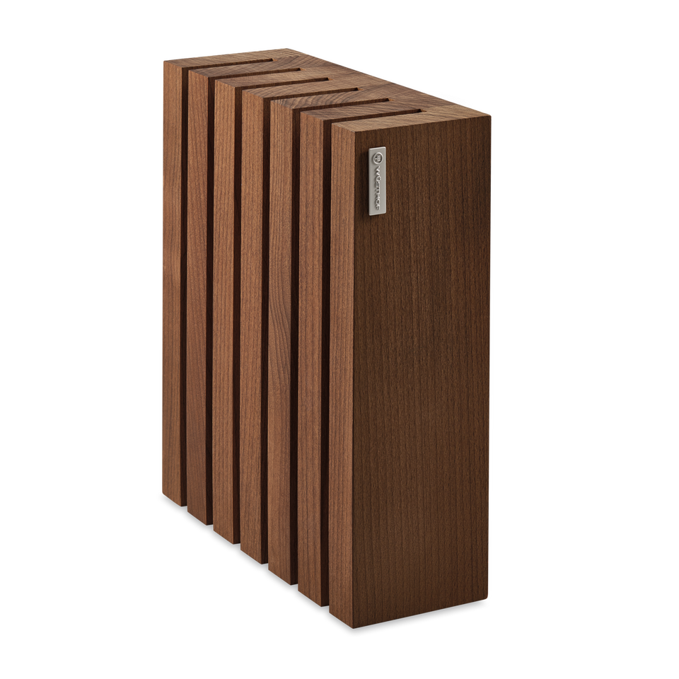 Magnetic 6-Slot Knife Block made of rich wood with evenly spaced vertical slits designed for secure and organized storage of kitchen knives.
