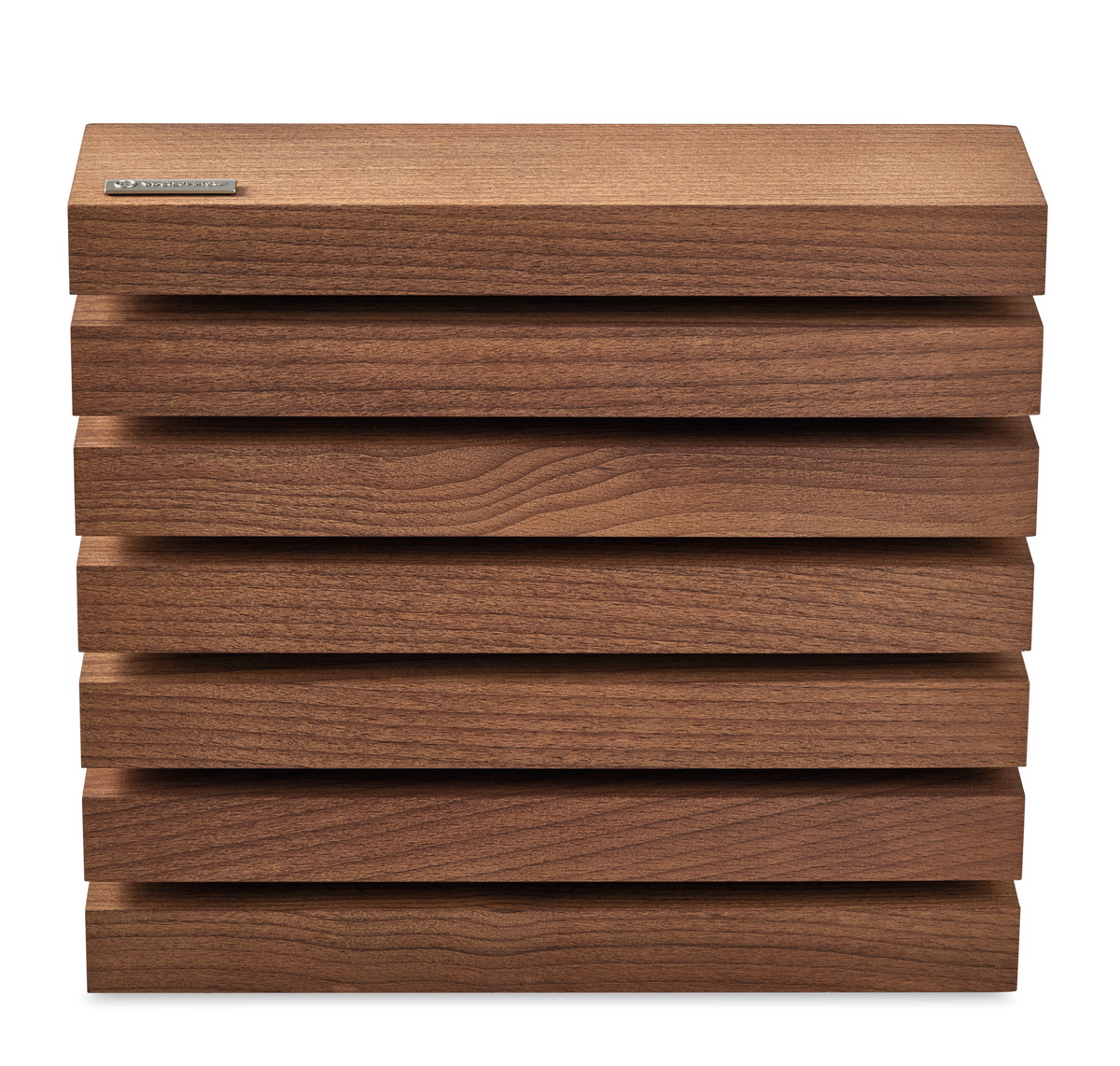 Magnetic 6-Slot Knife Block crafted from warm-toned wood with horizontal slats for safely storing and organizing kitchen knives.