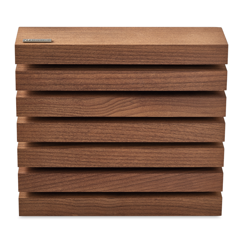 Magnetic 6-Slot Knife Block crafted from warm-toned wood with horizontal slats for safely storing and organizing kitchen knives.