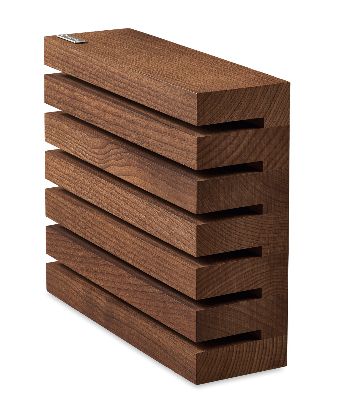 Magnetic 6-Slot Knife Block crafted from richly grained wood featuring horizontal slots designed for secure, organized storage of kitchen knives.