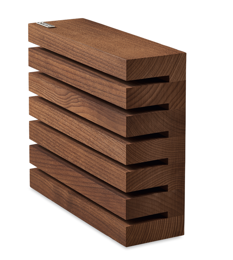 Magnetic 6-Slot Knife Block crafted from richly grained wood featuring horizontal slots designed for secure, organized storage of kitchen knives.