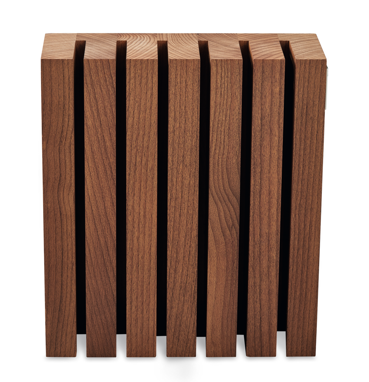 Magnetic 6-Slot Knife Block made from warm-toned wood featuring six vertical magnetic slots for secure storage of forged kitchen knives.