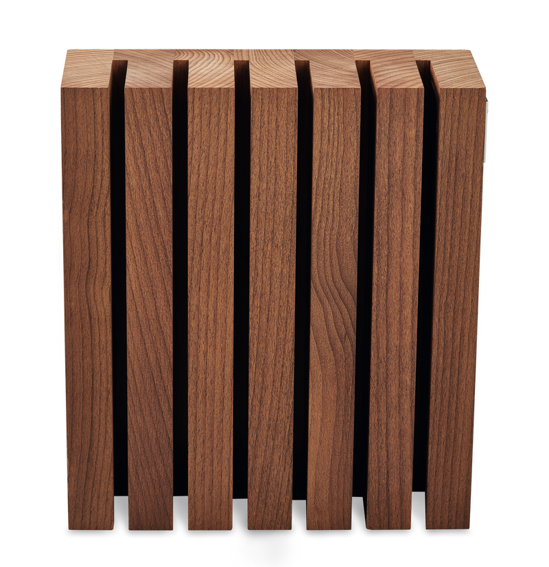 Magnetic 6-Slot Knife Block made from warm-toned wood featuring six vertical magnetic slots for secure storage of forged kitchen knives.