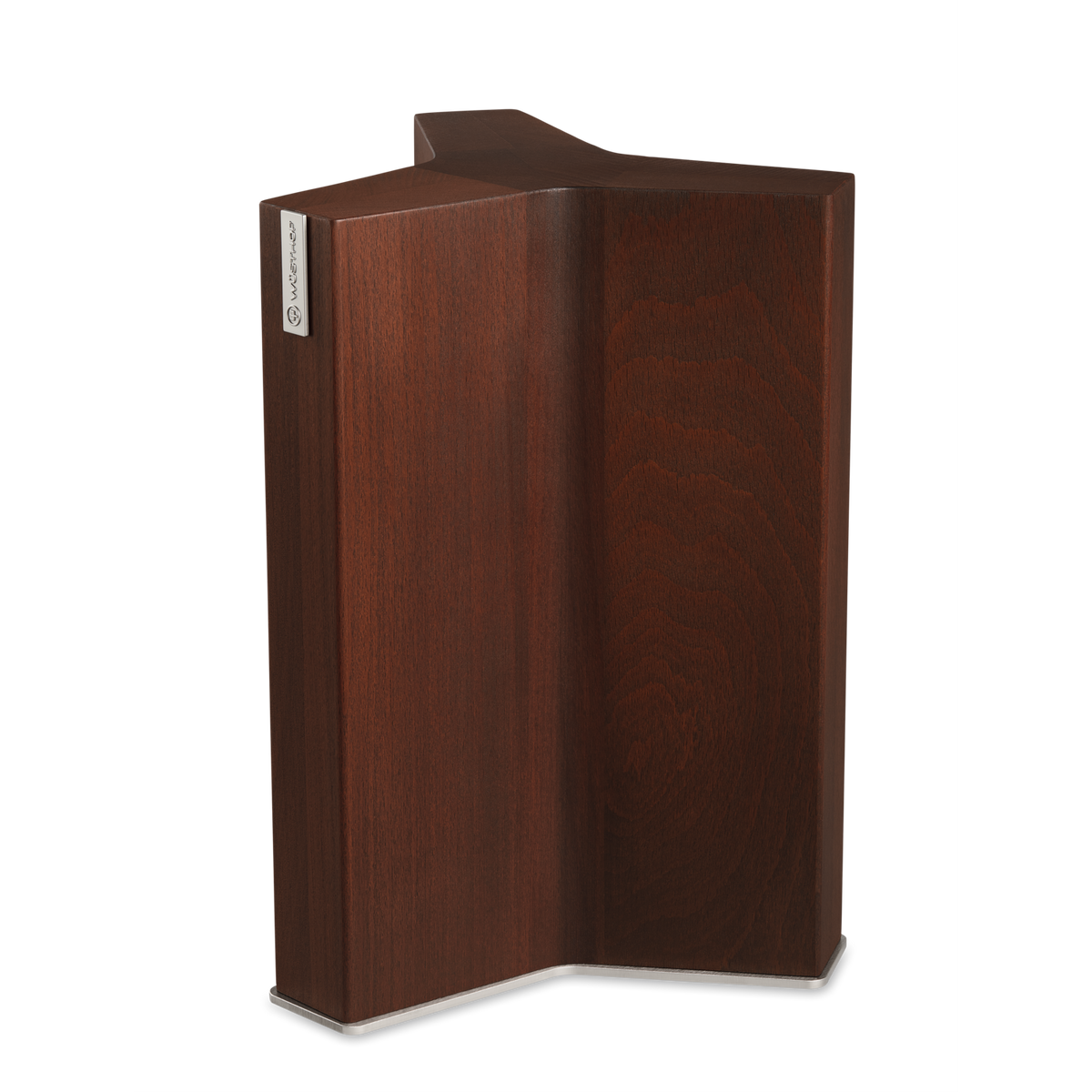 Magnetic Knife Block crafted from dark wood with a sleek L-shaped design for secure and convenient storage of forged kitchen knives.