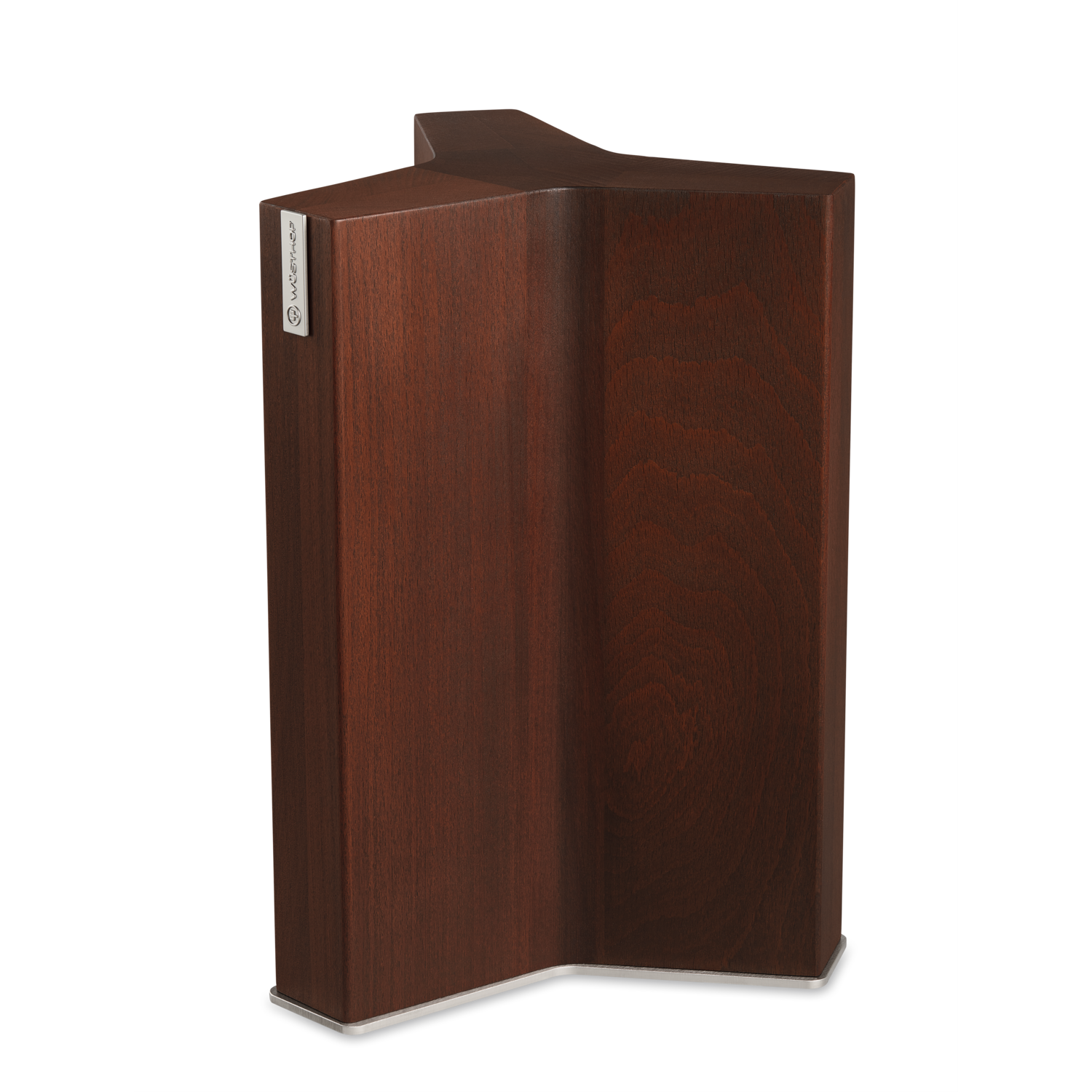 Magnetic Knife Block crafted from dark wood with a sleek L-shaped design for secure and convenient storage of forged kitchen knives.