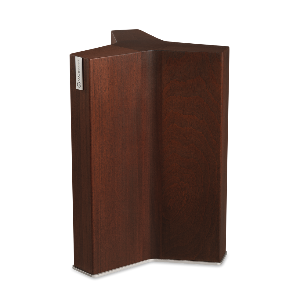 Magnetic Knife Block crafted from dark wood with a sleek L-shaped design for secure and convenient storage of forged kitchen knives.