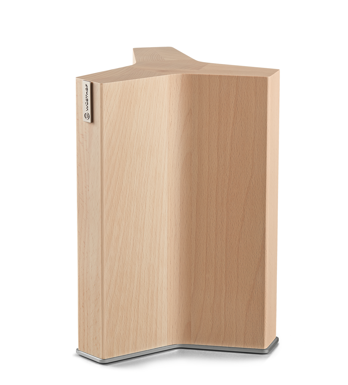 Magnetic Knife Block made from light natural wood with a modern angular shape and a subtle metal base for secure storage of forged kitchen knives.
