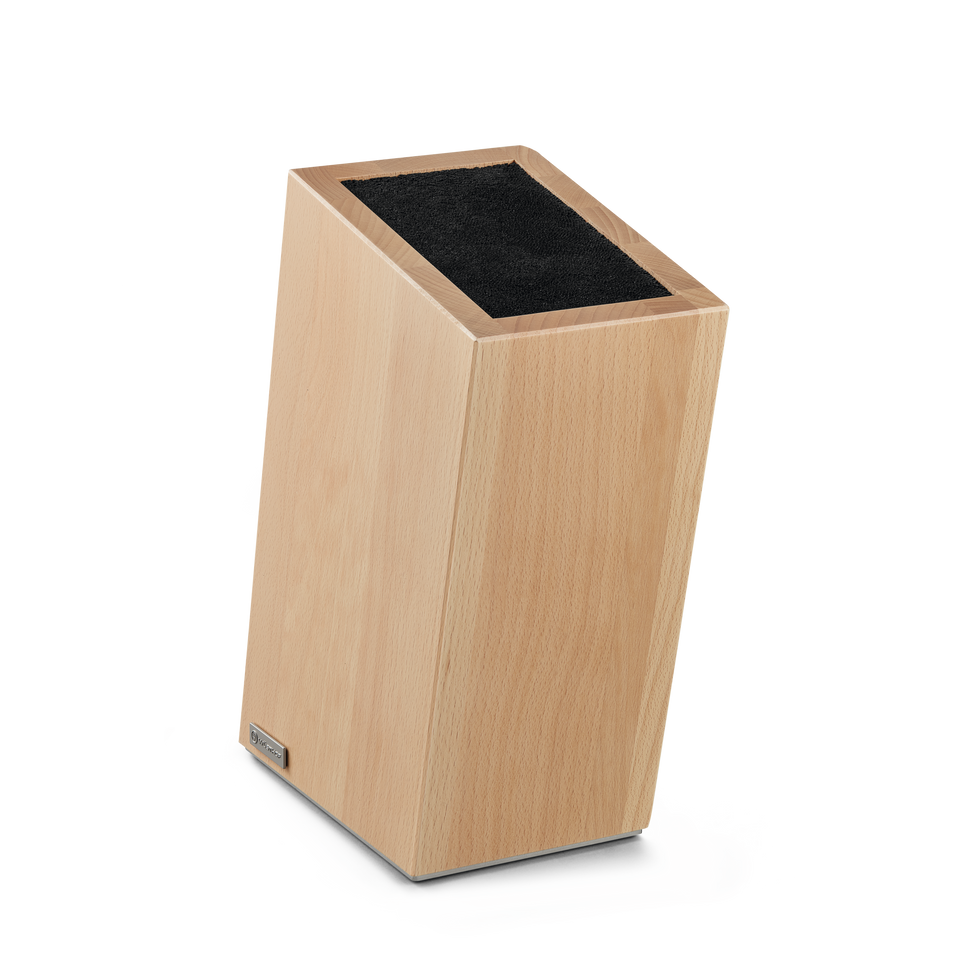 10-Slot European Knife Block crafted from light wood with angled design and black felt interior for organized knife storage and protection.