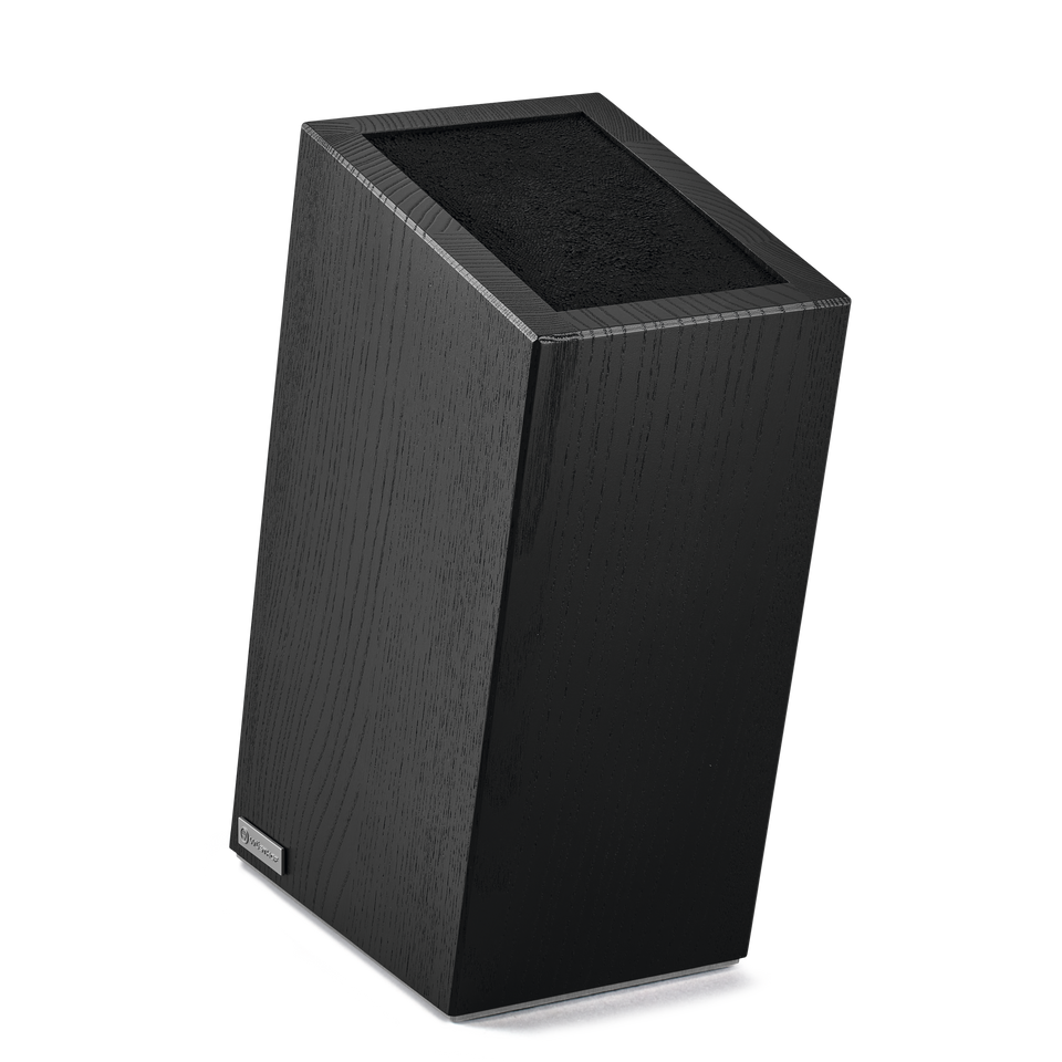 10-Slot European Knife Block in black wood with angled design and felt-lined interior for safe and organized storage of kitchen knives.