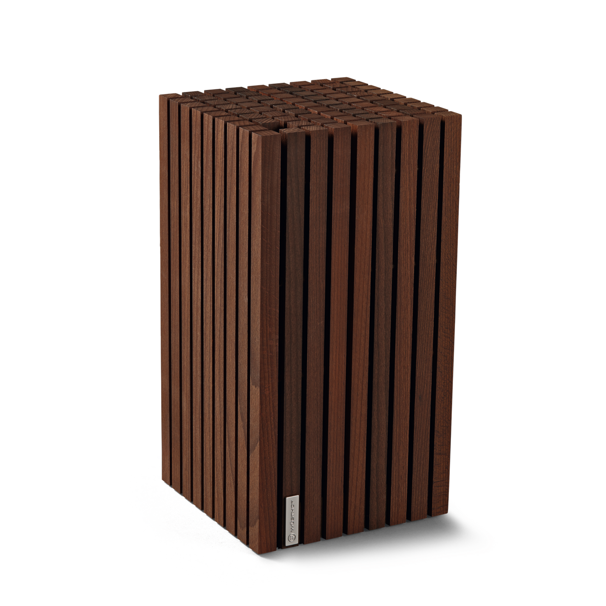 13-Slot Heat-Treated-Beech Knife Block featuring a dark wood finish with vertical slats designed for organized storage of various kitchen knives.