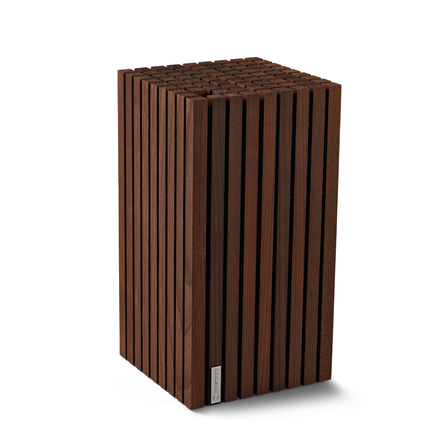 13-Slot Heat-Treated-Beech Knife Block featuring a dark wood finish with vertical slats designed for organized storage of various kitchen knives.