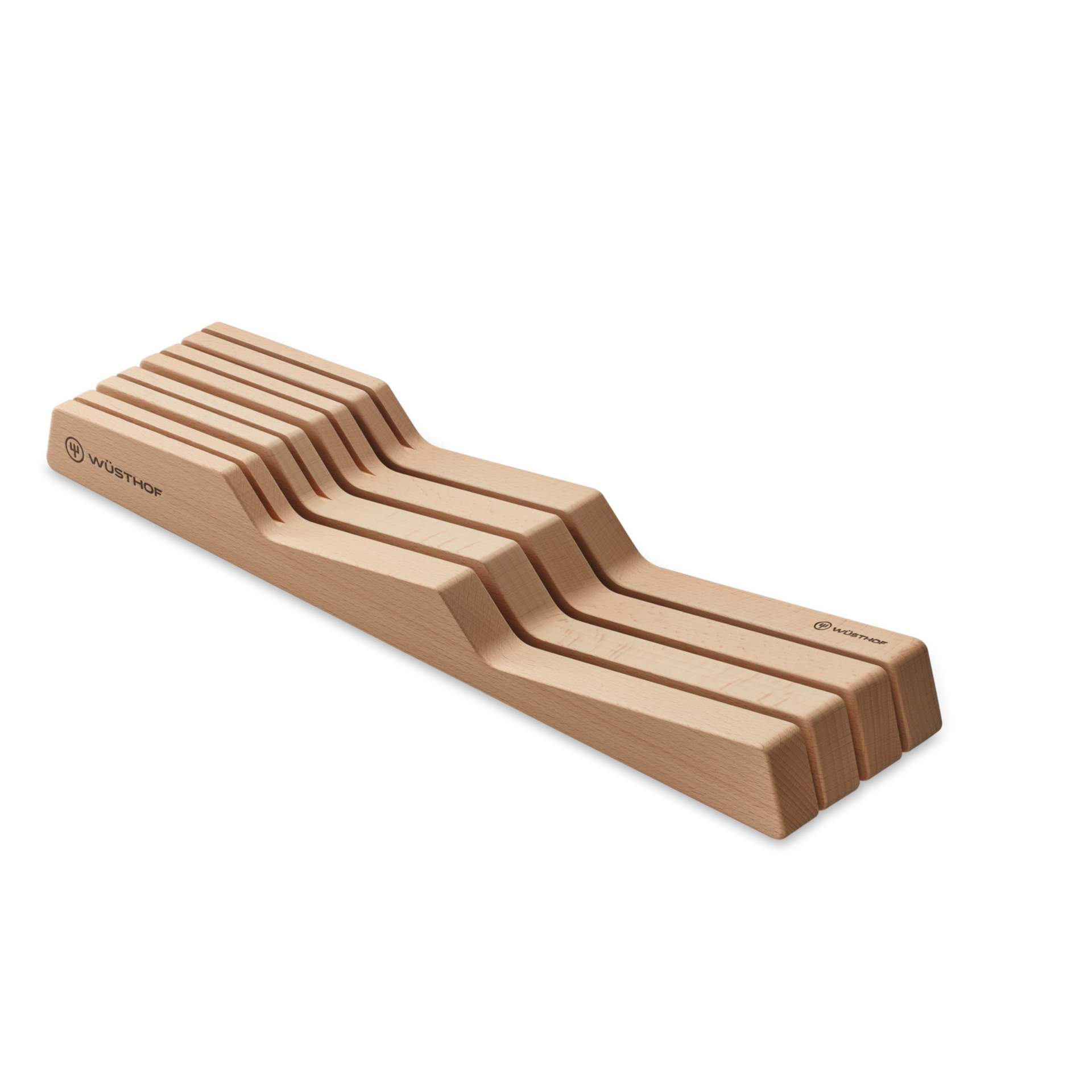 In-Drawer Knife Organizer crafted from natural wood with multiple slots to securely store and organize WÜSTHOF and forged kitchen knives.