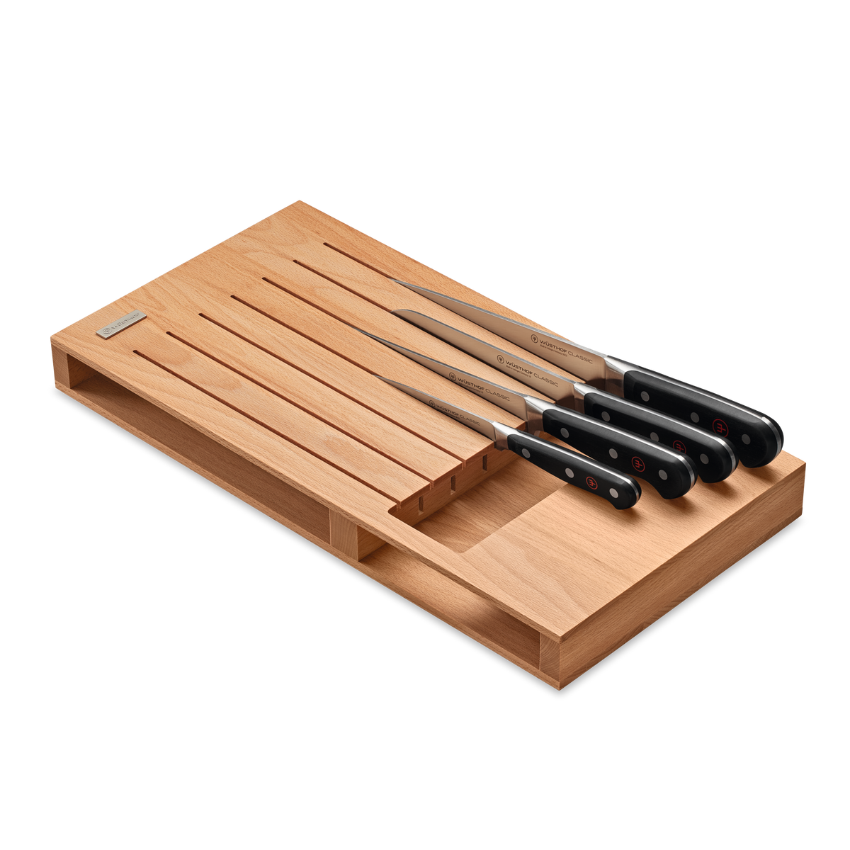 7-Slot In-Drawer Knife Tray in natural wood with separated compartments designed to organize and protect forged kitchen knives, including chefs knives.