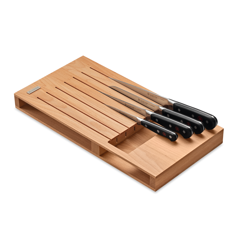 7-Slot In-Drawer Knife Tray in natural wood with separated compartments designed to organize and protect forged kitchen knives, including chefs knives.