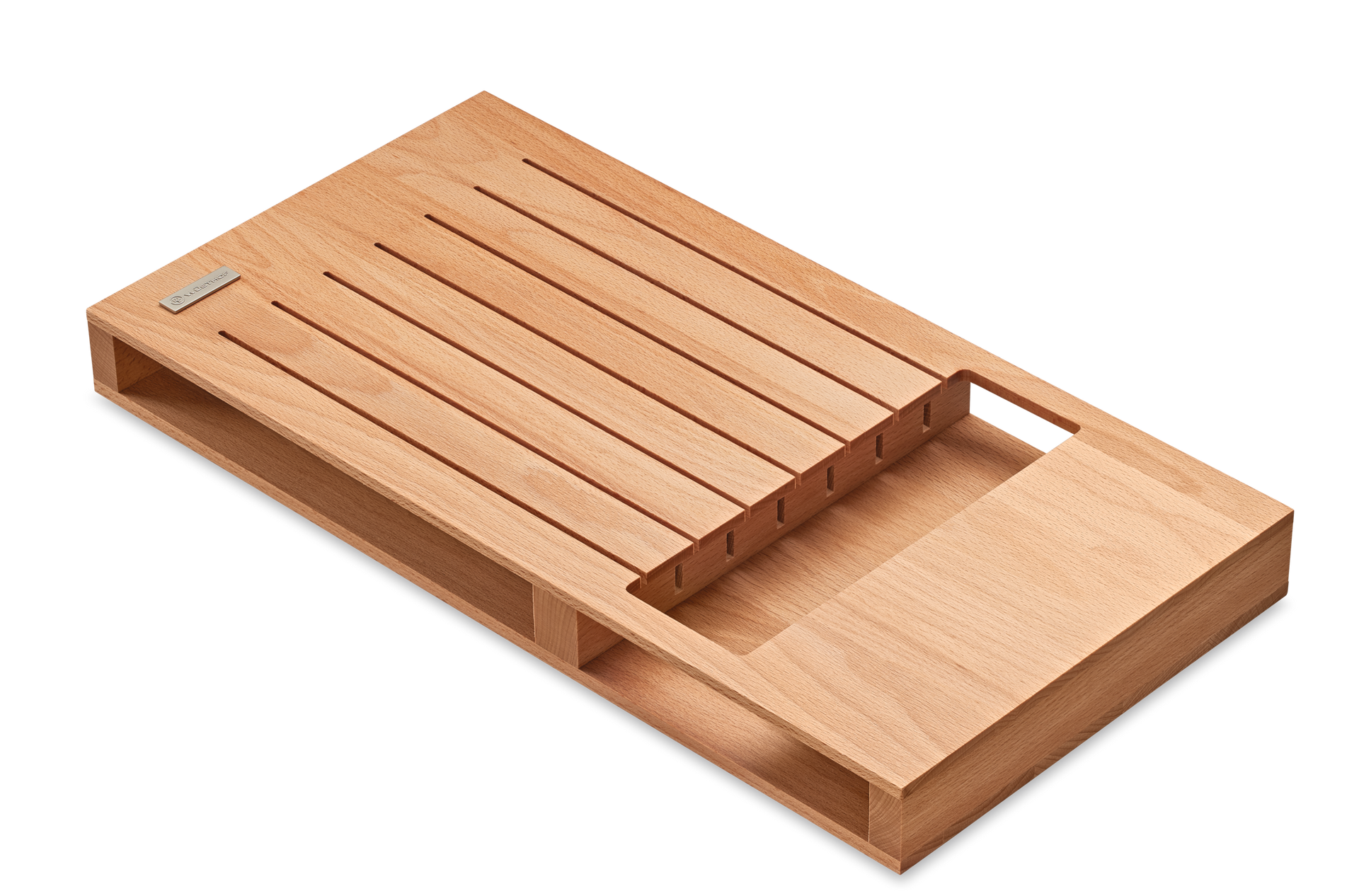 7-Slot In-Drawer Knife Tray made of natural wood with slotted compartments and a handle cutout for organizing and safely storing kitchen knives.