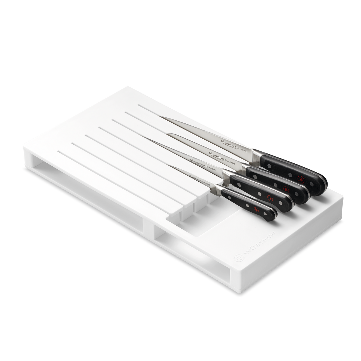 7-Slot In-Drawer Knife Organizer in white with five WÜSTHOF knives featuring sharp forged stainless steel blades and black ergonomic handles with rivets.