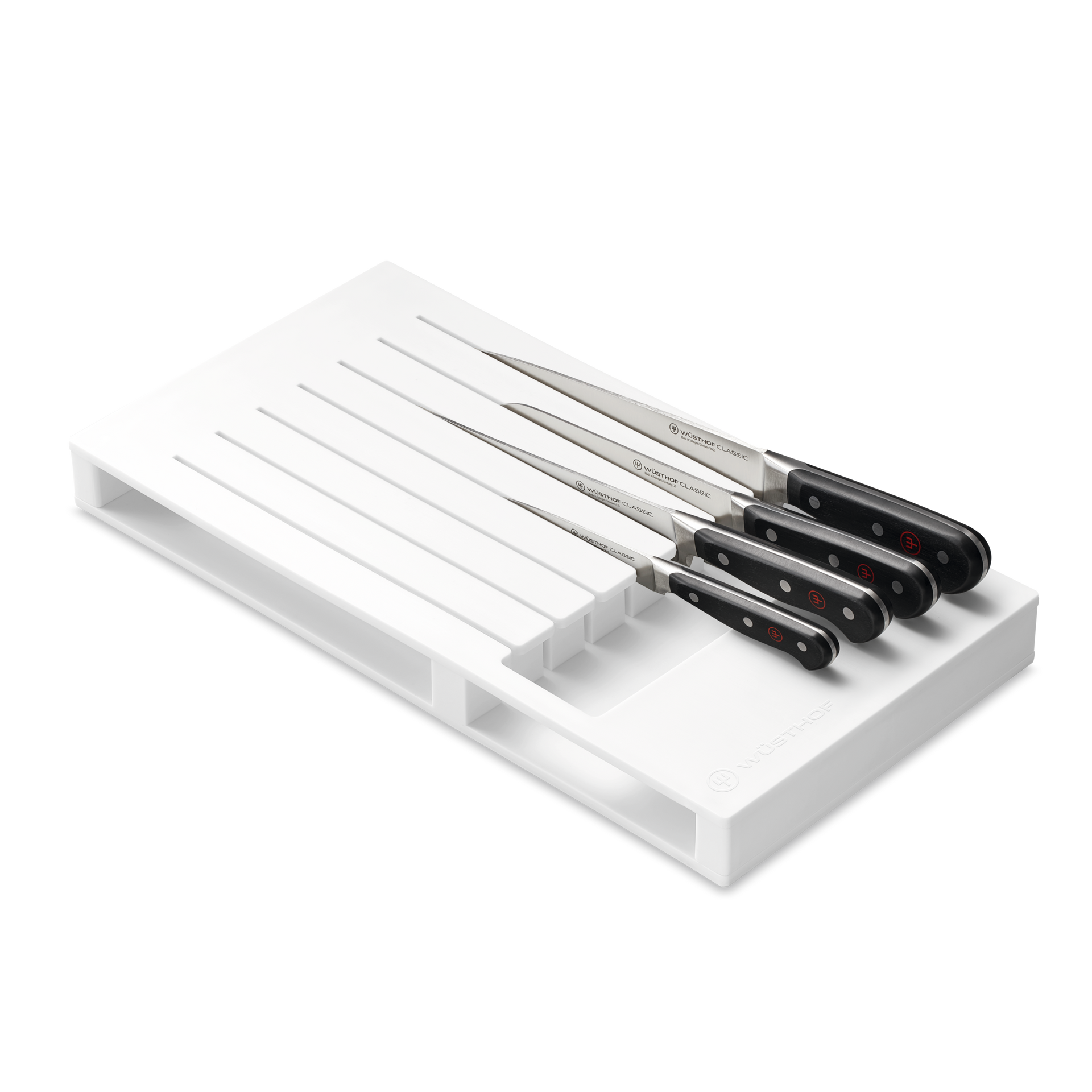 7-Slot In-Drawer Knife Organizer in white with five WÜSTHOF knives featuring sharp forged stainless steel blades and black ergonomic handles with rivets.