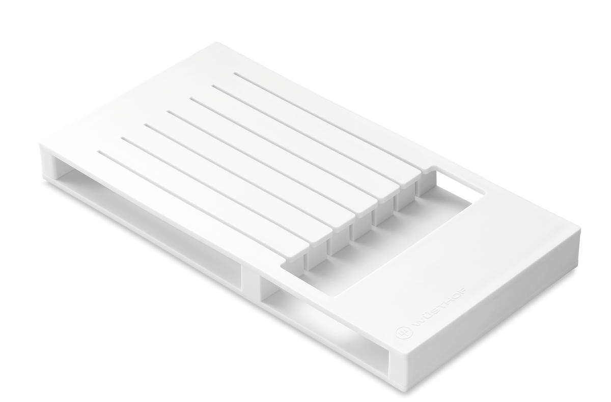 7-Slot In-Drawer Knife Organizer in white plastic with slotted compartments designed to safely store and organize kitchen knives and utensils.