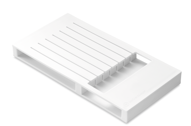 7-Slot In-Drawer Knife Organizer in white plastic with slotted compartments designed to safely store and organize kitchen knives and utensils.