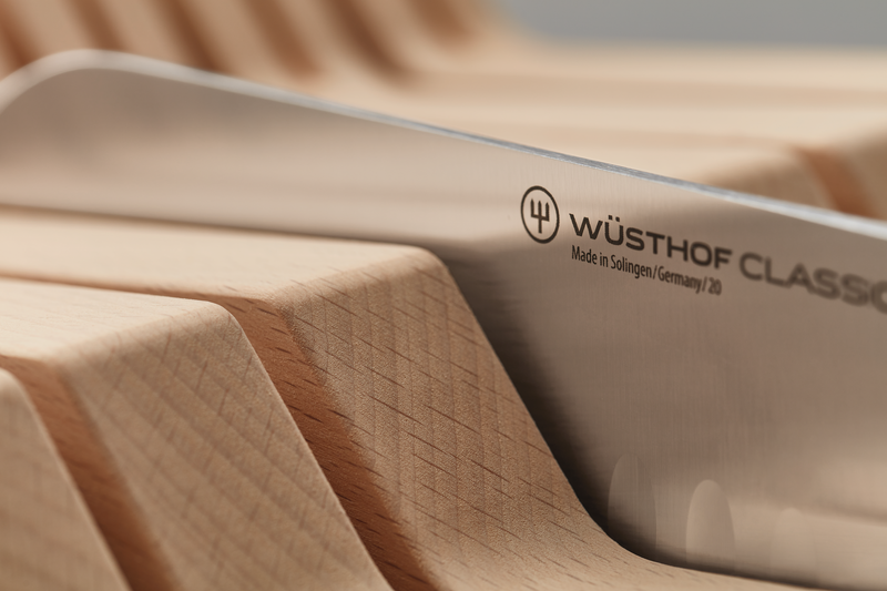 In-Drawer Knife Organizer made from natural wood with angled slots to securely hold forged WÜSTHOF classic German kitchen knives.